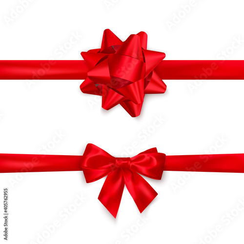 Red satin ribbon and bow top view. Decoration element for Valentines day or other holiday. Vector isolated on white background