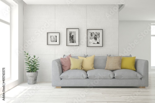 White living room with sofa. Scandinavian interior design. 3D illustration