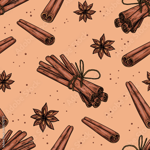 Seamless pattern with cinnamon. Design element for poster, card, banner, clothes decoration. Vector illustration