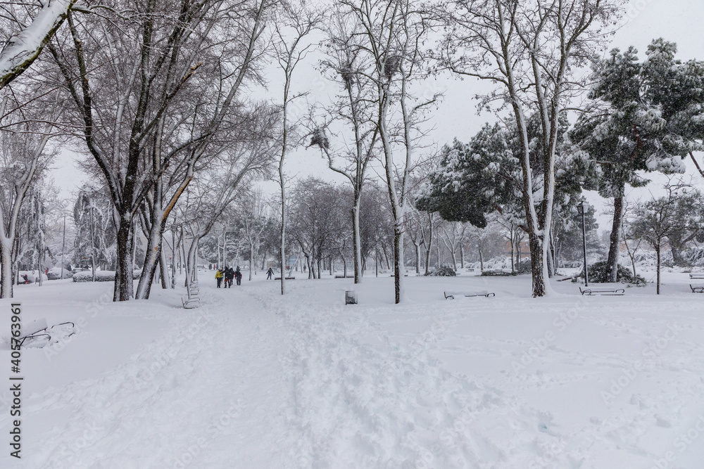 streets and parks of Madrid, covered by snow, due to the storm Philomena of January 2021 streets and parks of Madrid, covered by snow, due to the storm Philomena of January 2021