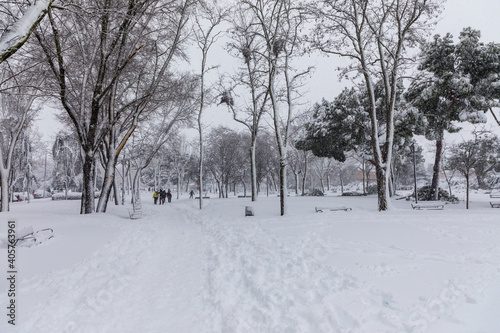 streets and parks of Madrid, covered by snow, due to the storm Philomena of January 2021