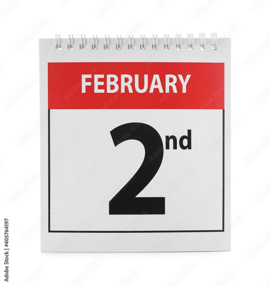 Calendar with date February 2nd on white background. Groundhog day Calendar with date February 2nd on white background. Groundhog day