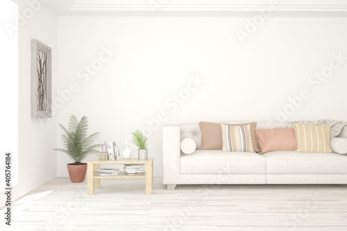 White living room with sofa. Scandinavian interior design. 3D illustration