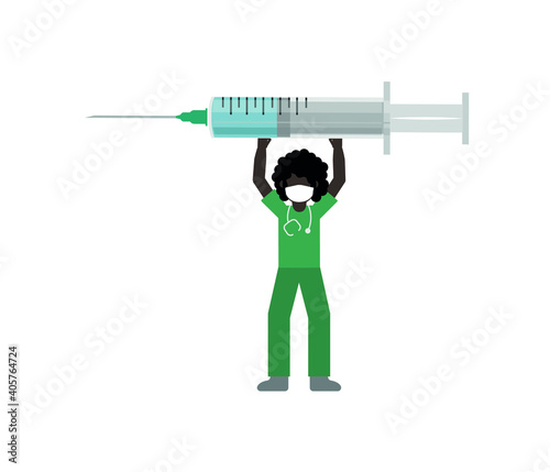 coronavirus Vaccination concept. Doctors hand with a syringe and place for text. Can be used for web banners, articles, infographics. Flat vector illustration
