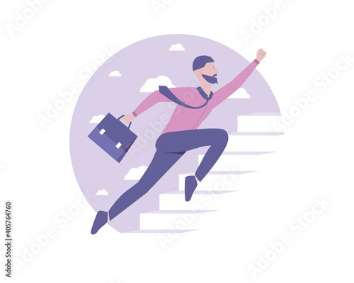 Businessman Superman is flying up the career ladder. Reaching the goal and striving forward. Self-development. Vector illustration for telework, remote working and freelancing concept, business, start