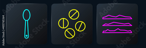 Set line Heroin in a spoon, Cocaine or heroin drug and Medicine pill or tablet. Black square button. Vector.