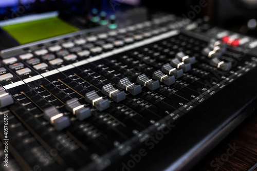 Close up mixer in the record studio for DJ, song writer or musical producer. Photo of musical instruments