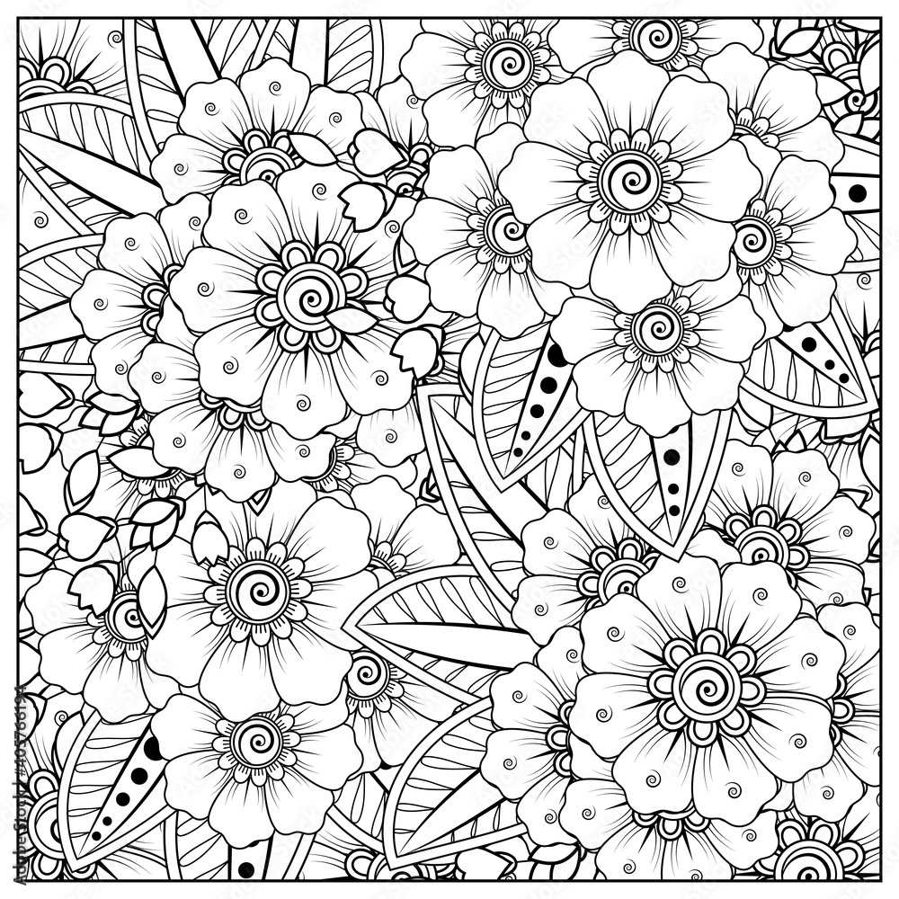 Outline square flower pattern in mehndi style for coloring book page ...