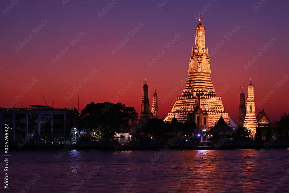 Incredible Evening View of Wat Arun or the Temple of Dawn, Located on the West Bank of Chao Phraya River in Bangkok, Thailand