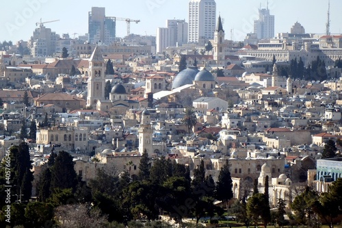 Jerusalem  Israel  view of the Church of the Holy Sepulchre  blue domes  and the Old City from the Mount of Olives