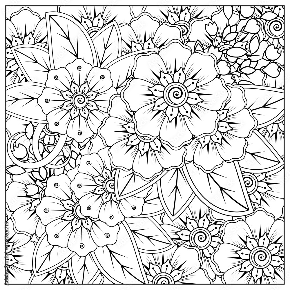 Outline square flower pattern in mehndi style for coloring book page.
