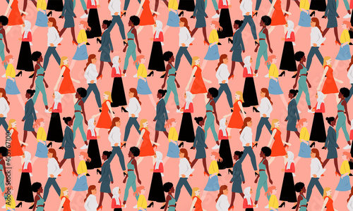 Seamless pattern of women walking. Crowded people of different color together. Flat style international women's day background banner.