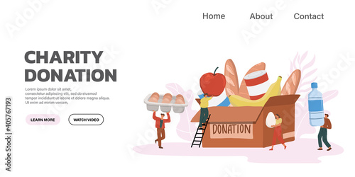 Social supporting, Social care, Volunteering and Charity Concept.  People Filling Food and product into donation box for helping poor people. flat design vector illustration
