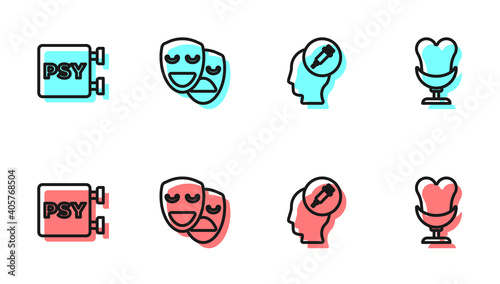 Set line Addiction to the drug, Psychology, Psi, Comedy and tragedy masks and Armchair icon. Vector.