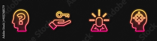 Set line Depression, Head with question mark, Solution to the problem and Finding. Glowing neon icon. Vector.