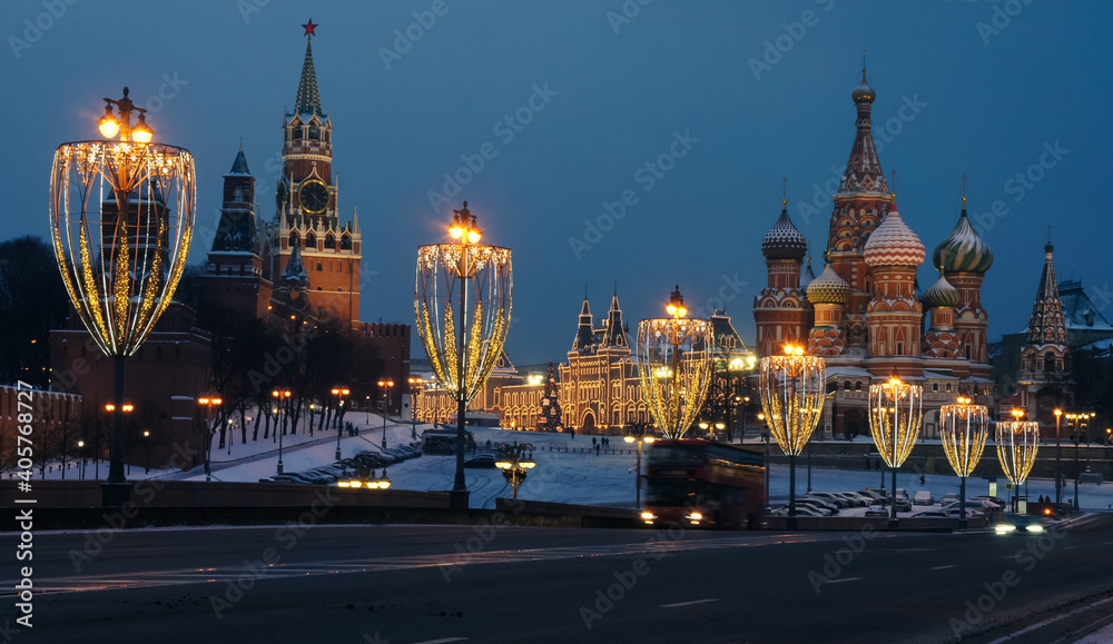 View of the Kremlin and Vasilevsky Descent at Christmas