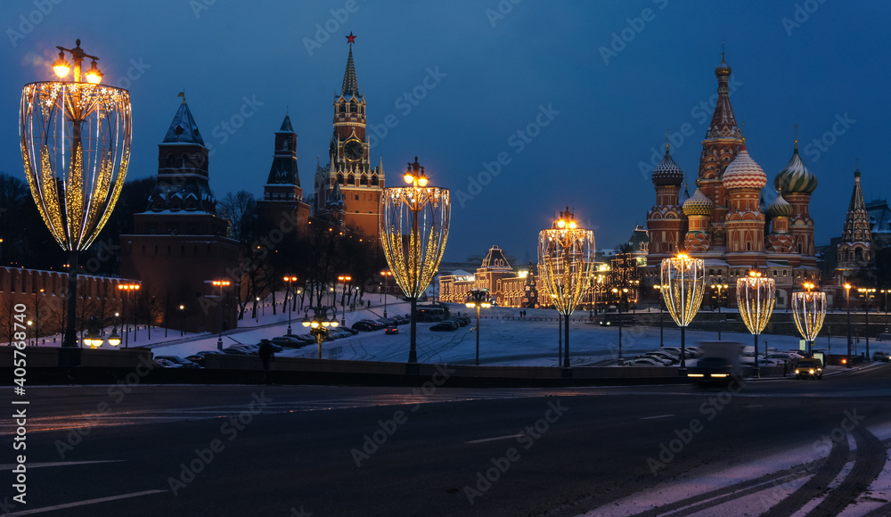 New Year's view of the Kremlin and Vasilevsky Descent