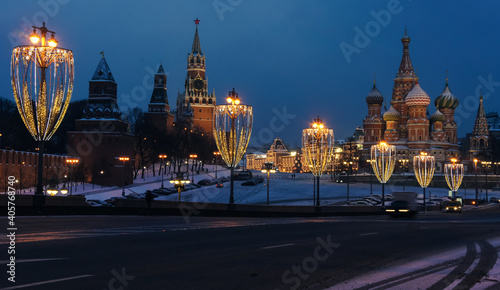 New Year's view of the Kremlin and Vasilevsky Descent
