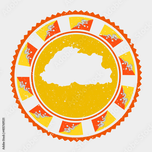 Bhutan grunge stamp. Round logo with map and flag of Bhutan. Country stamp. Vector illustration.