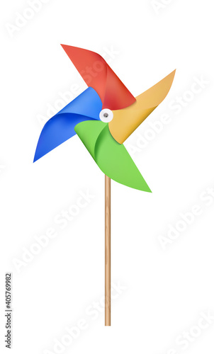Colorful Origami Paper Windmill. 3d Photo Realistic Illustration Isolated On White Background. Front View