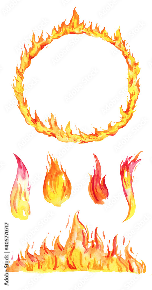Set of hand drawn watercolor flames. Round frame and different fire elements. Sketch illustration isolated on white background Set of hand drawn watercolor flames. Round frame and different fire elements. Sketch illustration isolated on white background
