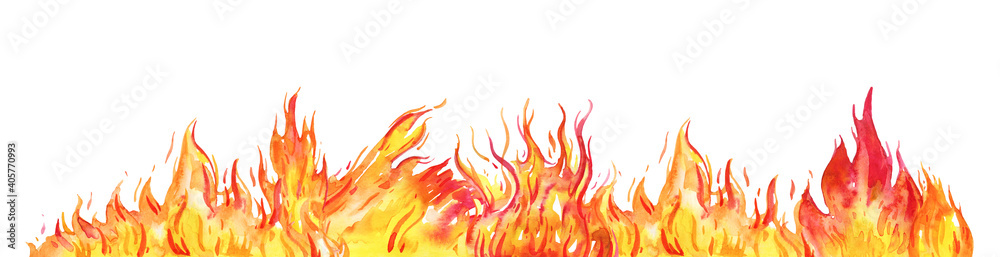 Hand drawn watercolor fire. Flame on the bottom of the page Isolated sketch illustration on white background Hand drawn watercolor fire. Flame on the bottom of the page Isolated sketch illustration on white background