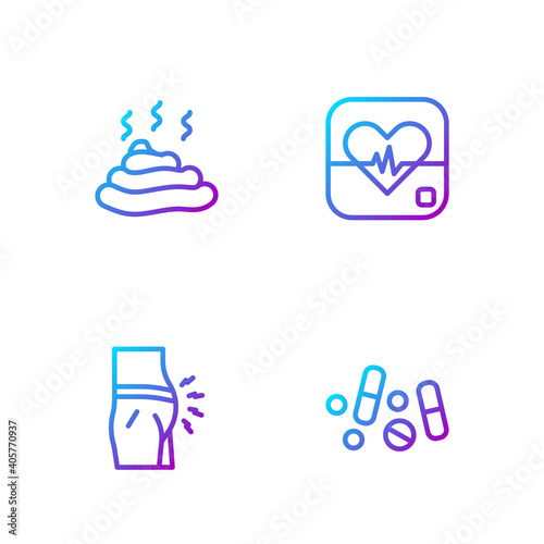 Set line Medicine pill or tablet, Abdominal bloating, Shit and Heart rate. Gradient color icons. Vector.