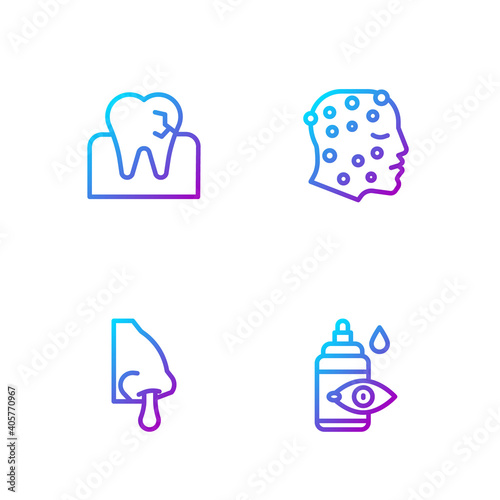 Set line Eye drop bottle, Runny nose, Tooth with caries and Psoriasis or eczema rash. Gradient color icons. Vector.