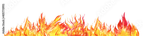Hand drawn watercolor fire. Flame on the bottom of the page Isolated sketch illustration on white background