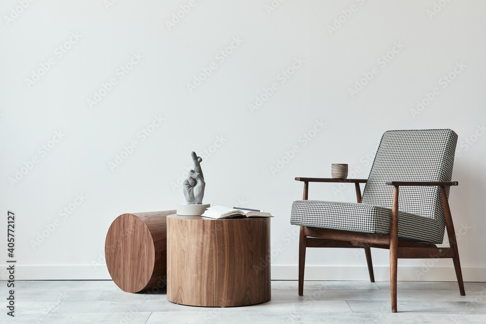 Minimalist composition of scandinavian living room with design armchair, wooden coffee tables, decoration, presonal accessories and copy space in modern home decor. Template. - obrazy, fototapety, plakaty 