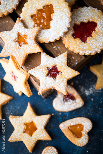 Traditional Austrian Linzer cookies with jam, homemade cakes