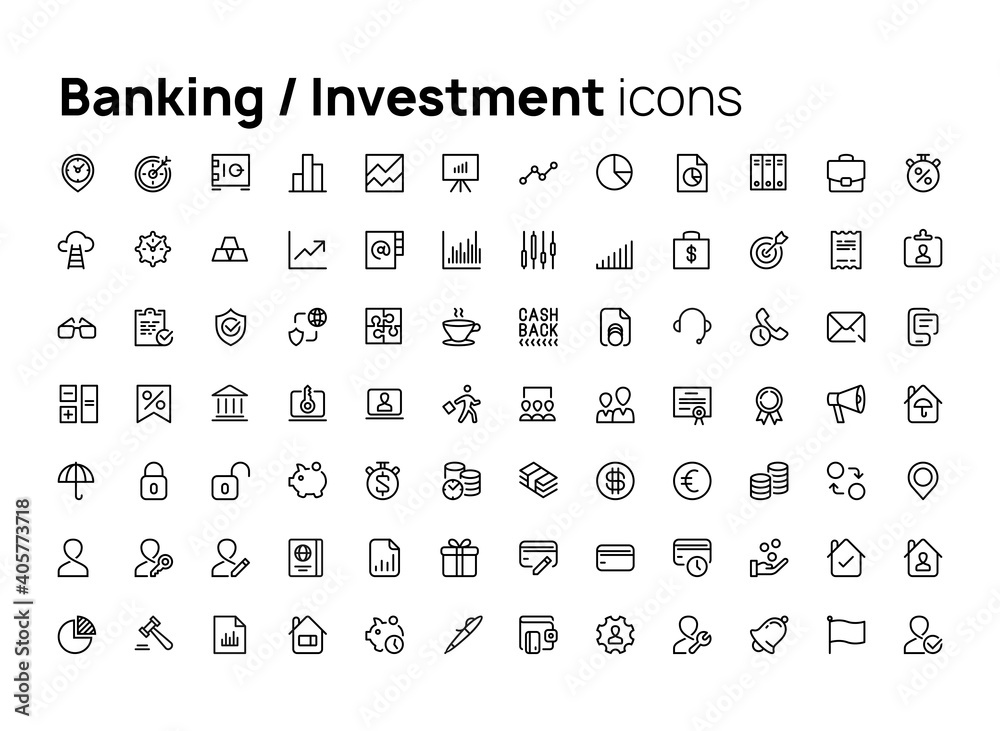 Banking and investment. High quality concepts of linear minimalistic flat vector icons set for web sites, interface of mobile applications and design of printed products.