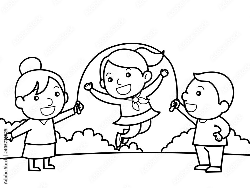 Girls and boy playing jump rope in park with happy faces without color for color book Girls and boy playing jump rope in park with happy faces without color for color book