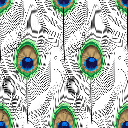 peacock feather on a white background makes a seamless pattern