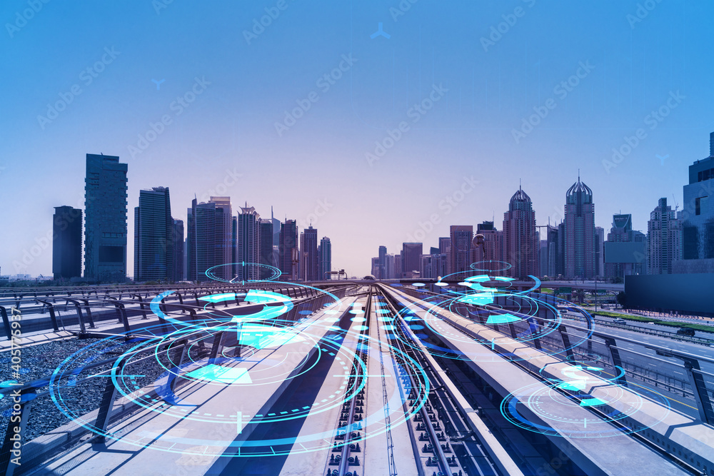 Fototapeta premium The way towards skyscrapers by modern futuristic train. Tech railway delivers commuters to the financial downtown of Dubai. Transportation tech railroad concept. Double exposure