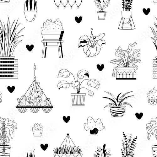 Vector seamless pattern with home garden cactus and potter plants. Line art. Linear succulents and cacti house plants. Black and white fabric design, wrapping paper, texture.