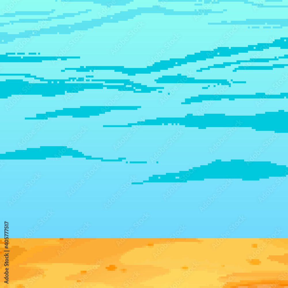 Pixel beach, sea, landscape. Pixel art 8 bit