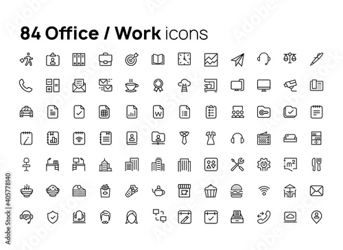 Office, Work. High quality concepts of linear minimalistic flat vector icons set for web sites, interface of mobile applications and design of printed products.