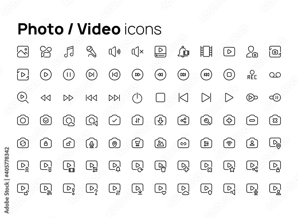 Photo and video. High quality concepts of linear minimalistic flat vector icons set for web sites, interface of mobile applications and design of printed products.