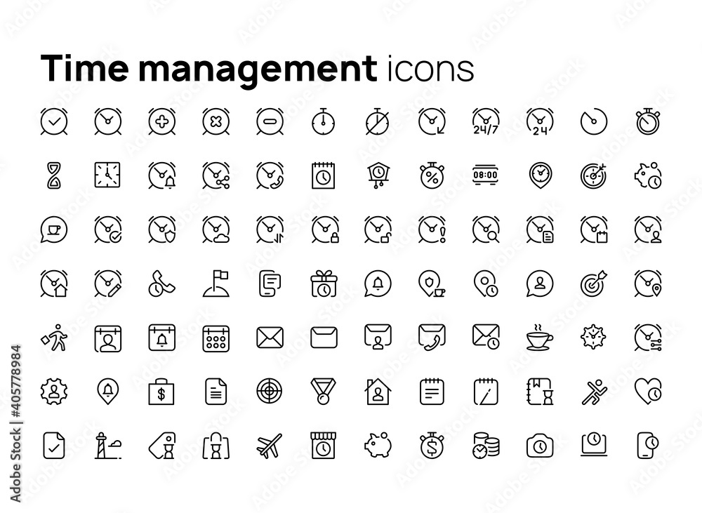Time management. High quality concepts of linear minimalistic vector icon set for web sites, interface of mobile applications and design of printed products.