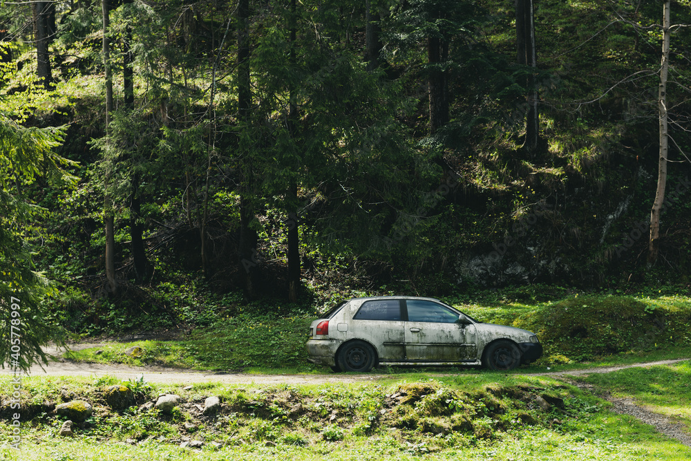 mossy old car abandoned in a forest. rusty car in the woods mossy old car abandoned in a forest. rusty car in the woods