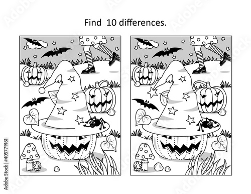 Halloween witch hat find the differences picture puzzle and coloring page

