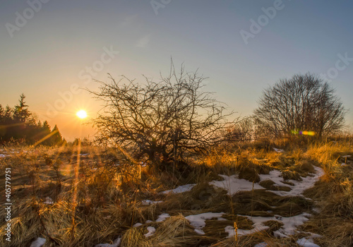 Sunset over a frosty grassy meadow