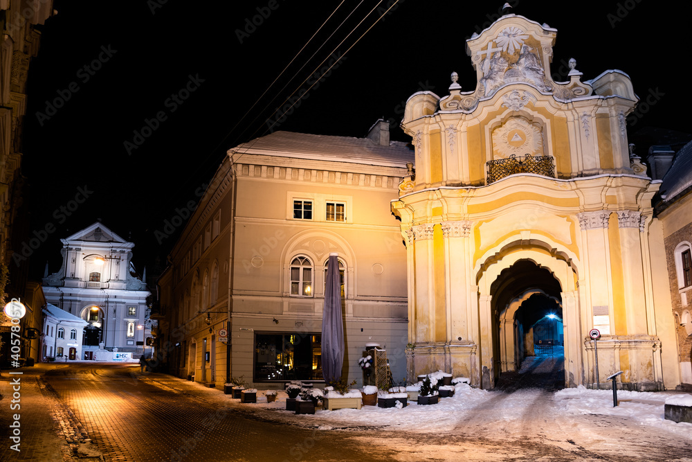 Holy Trinity Church, Basilian monastery gate and Church of St. Theresa, Roman Catholic church in Vilnius Old Town, night view