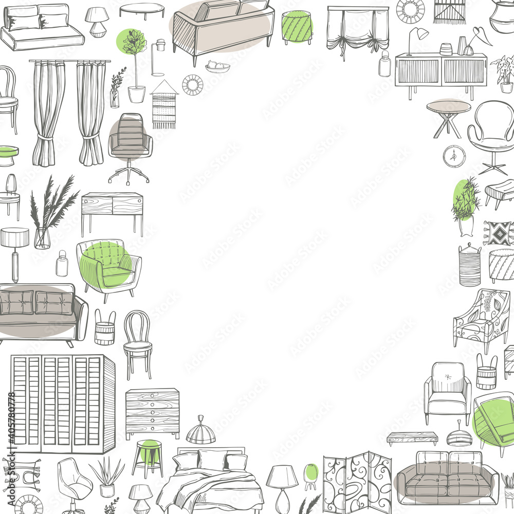 Furniture, lamps and plants for the home. Vector background.