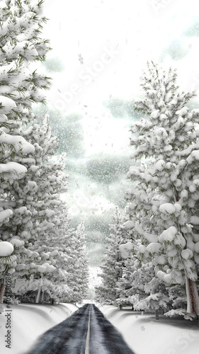 Route enneigée dans la forêt avec des arbres et des nuages. Rendu 3D
