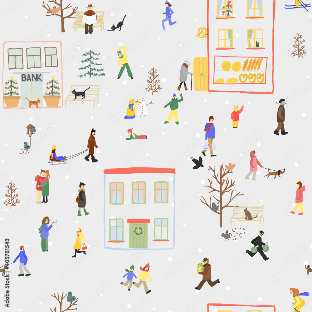 Vector seamless cityscape pattern with many people wearing winter clothes. Multiple people enjoying outdoor activities in christmas time. Tiny people walking the dogs, doing sports, playing with snow.