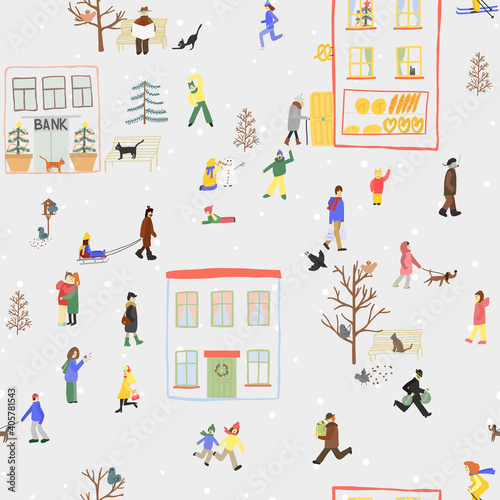 Vector seamless cityscape pattern with many people wearing winter clothes. Multiple people enjoying outdoor activities in christmas time. Tiny people walking the dogs  doing sports  playing with snow.