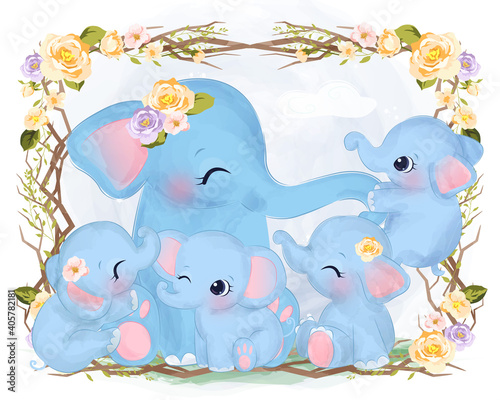 cute elephant family illustration in watercolor effect great for baby shower decoration and children prints.	
