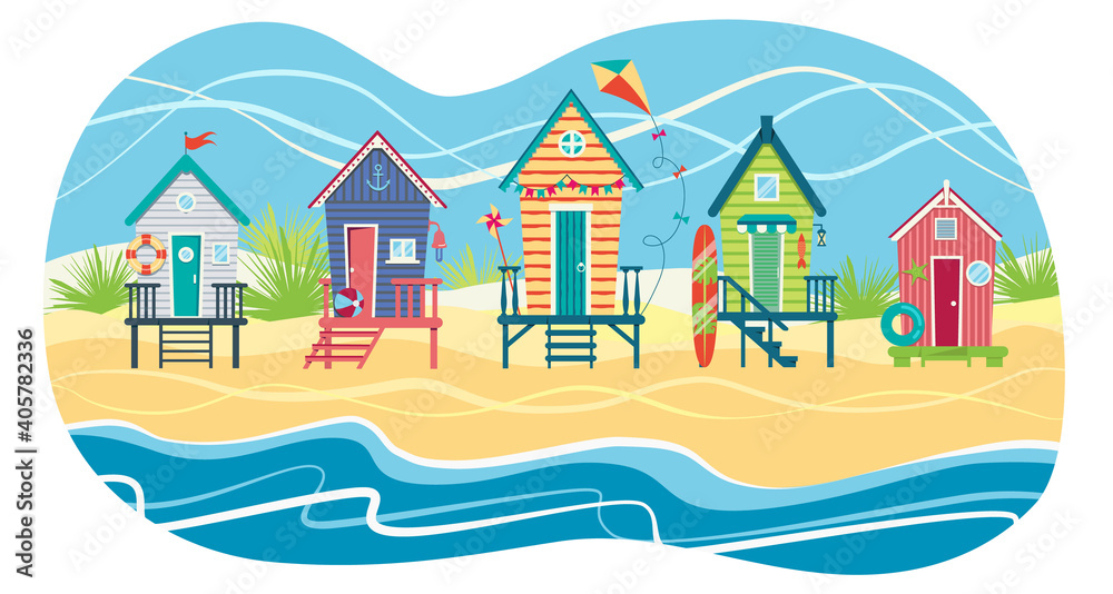 Landscape of a row of beach huts against sea. Summer holiday. Vector flat illustration Landscape of a row of beach huts against sea. Summer holiday. Vector flat illustration